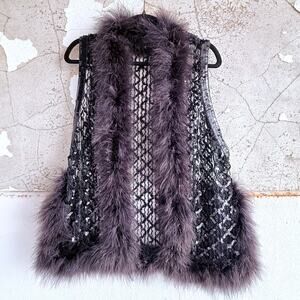 Vintage Faux Fur Sequin Vest Black Boho Glam Rock Festival 70s Retro Women’s M